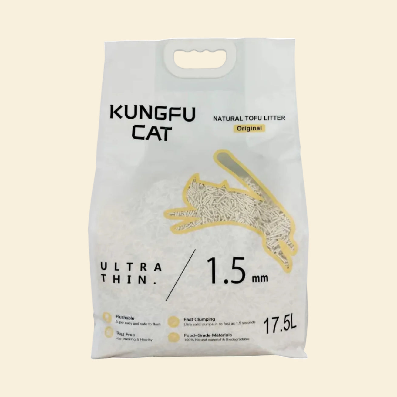 Front packaging of the KUNGFU CAT Original Natural Tofu Litter. A 17.5L bag emphasizing 1.5mm ultra-thin, dust-free, flushable, and fast-clumping plant-based pellets.