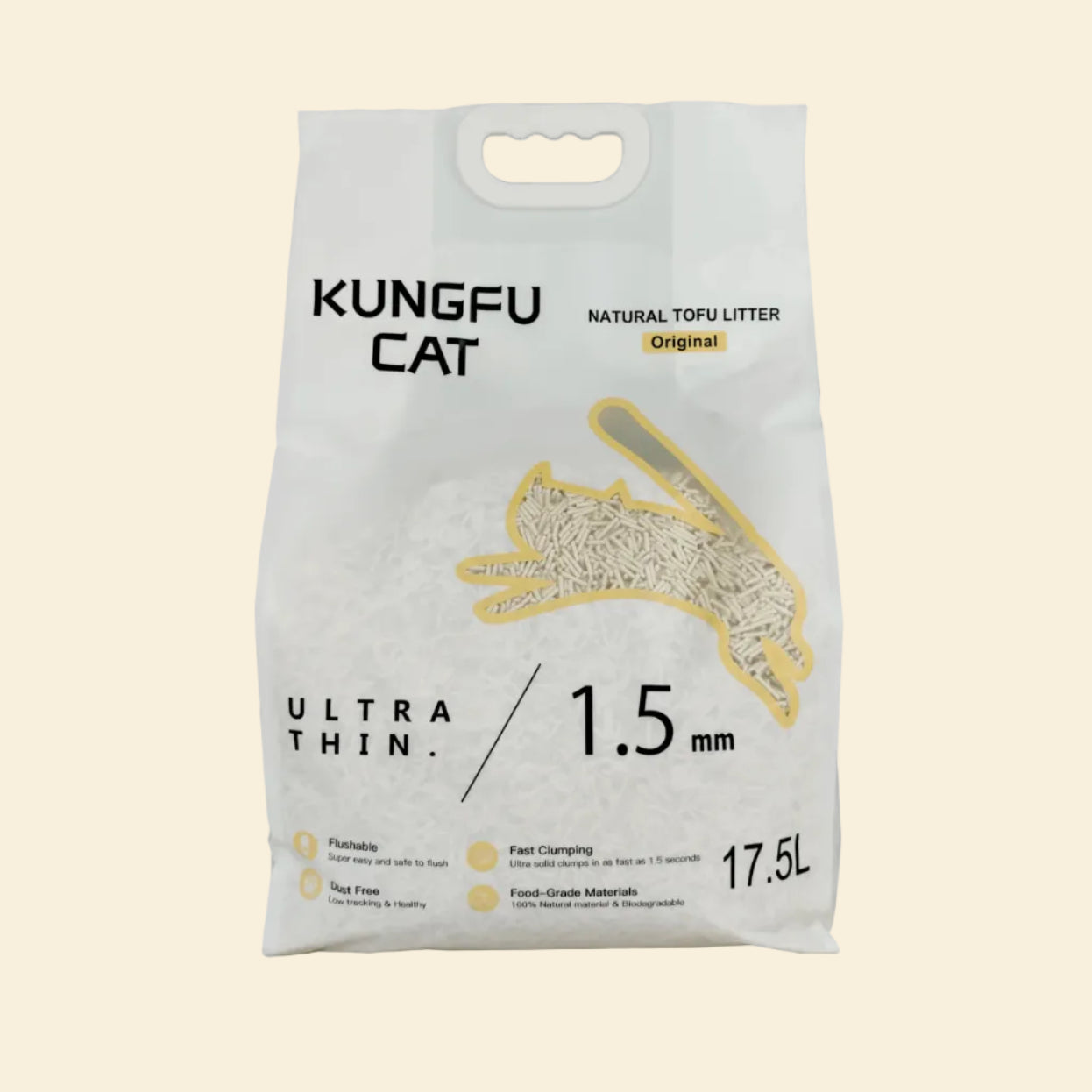 Kungfu Cat Premium Natural Tofu Cat Litter 17.5L bag, featuring 1.5mm ultra-thin flushable pellets.