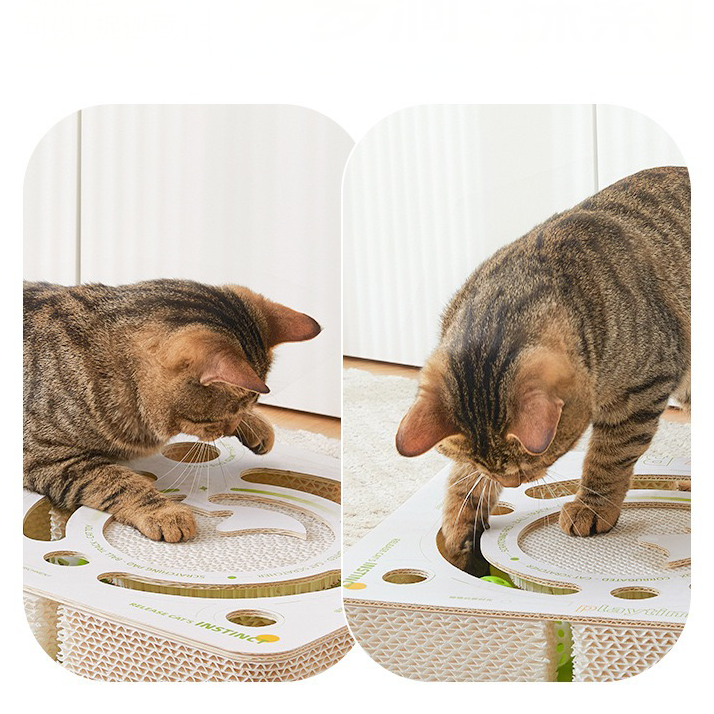 Detailed view of a cat poking through the irregular holes to chase balls. This mimics a real hunt, releasing dopamine and keeping cats mentally active