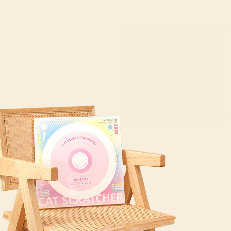 The DJ Cat scratcher displayed on a chair, showing its high-value design that fits perfectly into modern or vintage-themed homes as a piece of designer decor