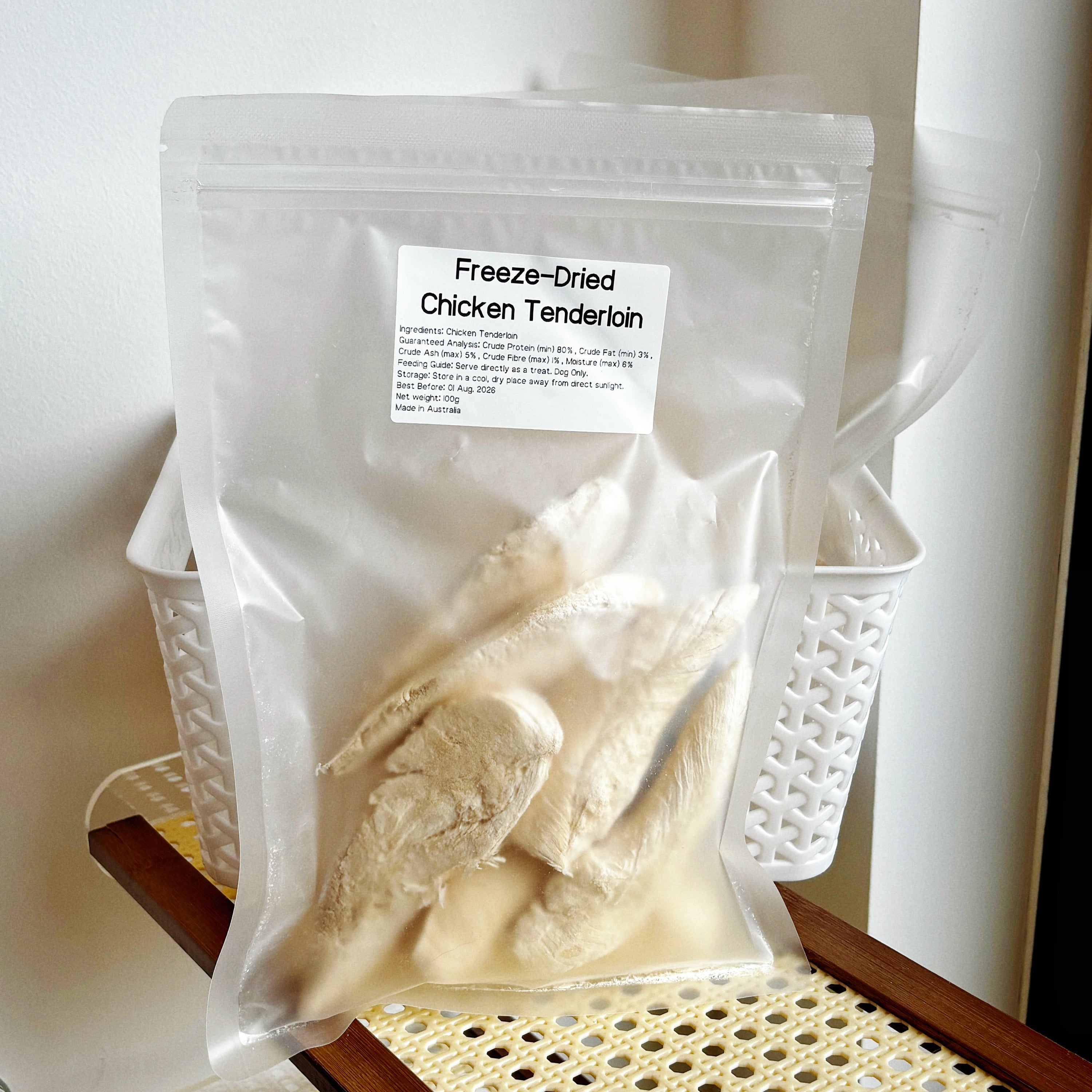 Freeze-Dried Chicken Tenderloin packaging label showing 80% crude protein, guaranteed analysis, and 100% natural Aussie chicken ingredients