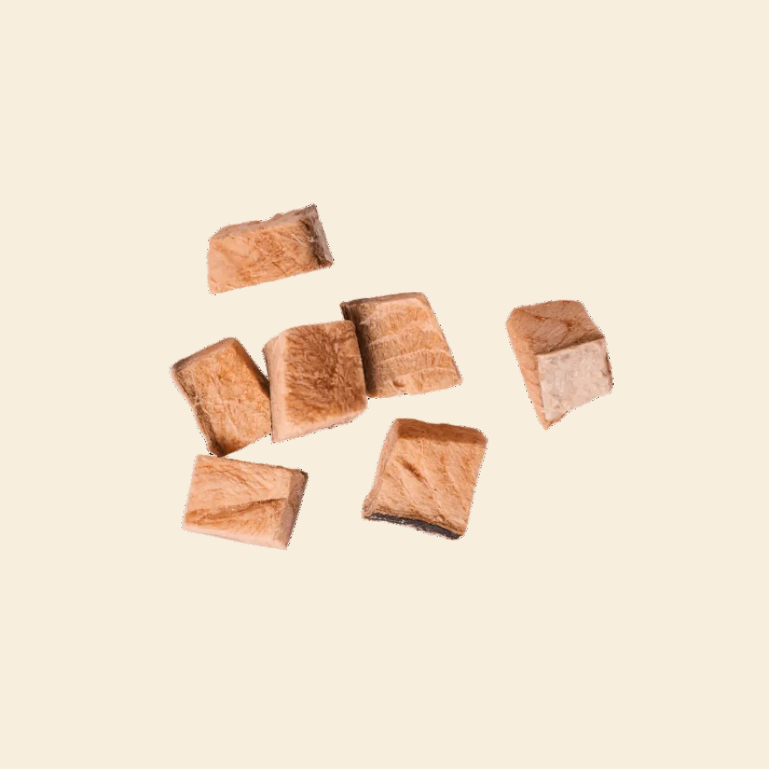 Freeze-dried salmon chucks with skin, showing rich pink texture and natural oils for healthy dog skin and coat.