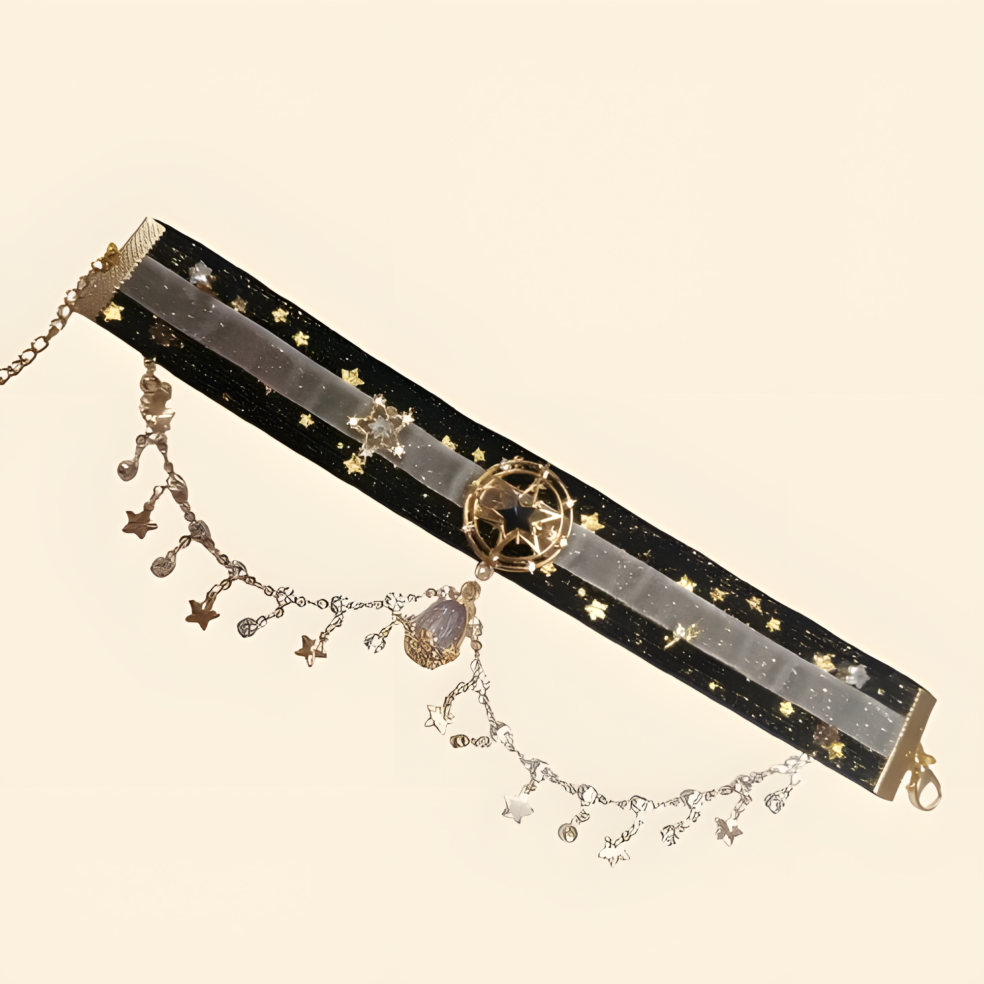 Full length of the Galaxy Sorceress collar featuring a soft, lightweight ribbon base and a 5cm extension chain for a secure, custom fit on cats and small dogs