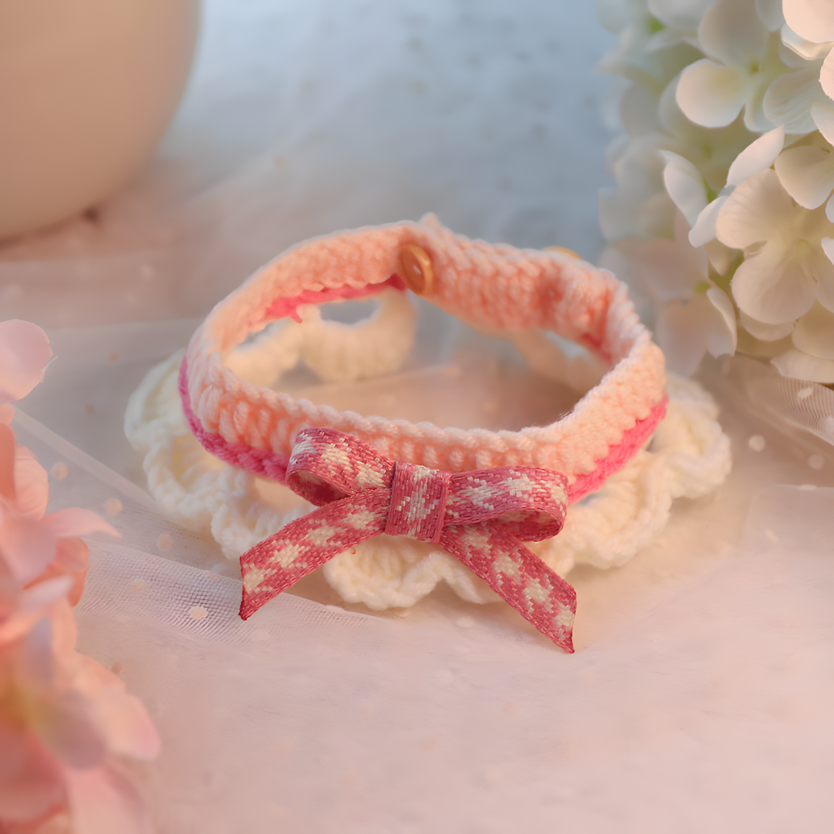 Pink houndstooth bow tie bib for pets. The cloud-soft texture prevents irritation and allows for full range of motion