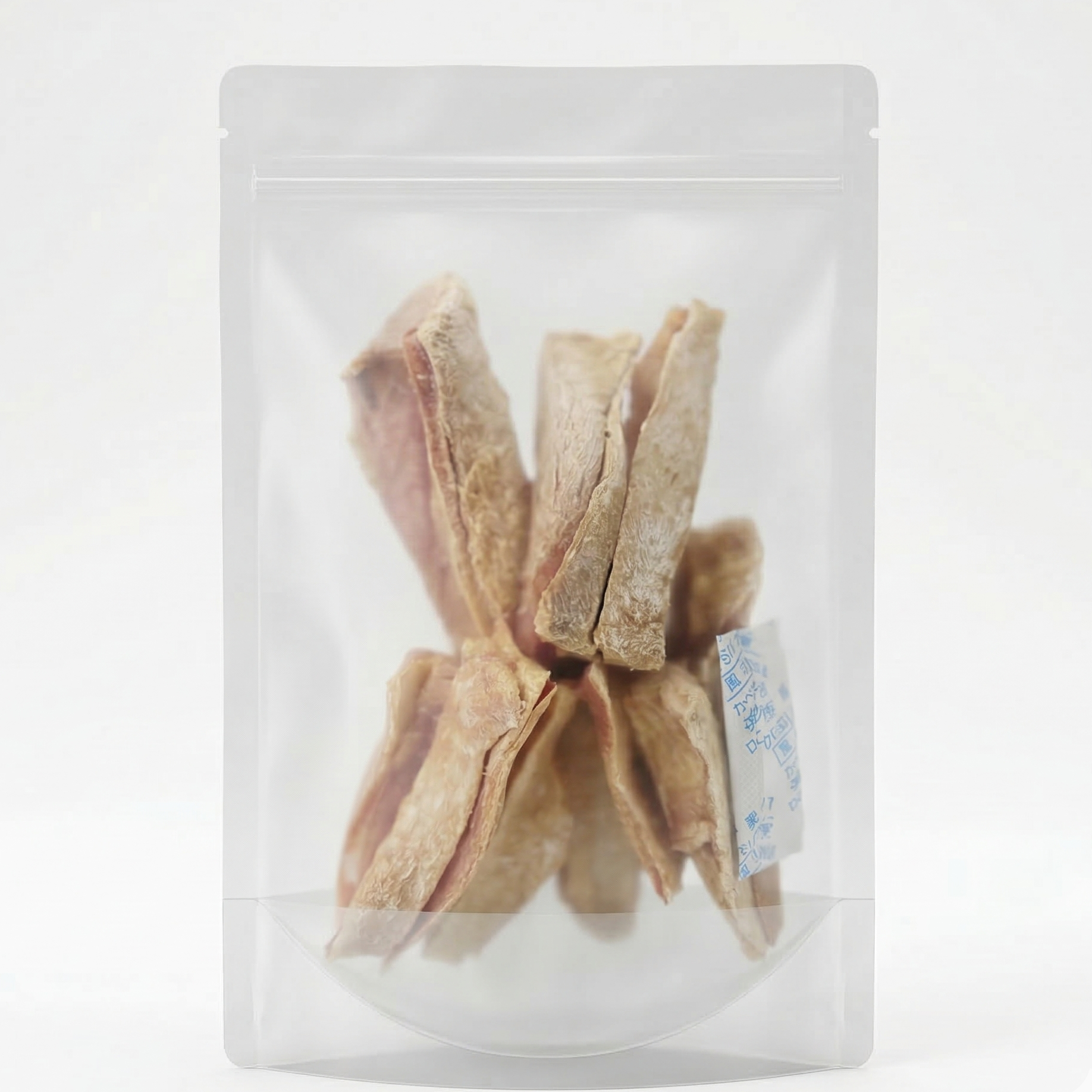 Multiple freeze-dried duck cartilage treats in a plastic bag, ideal for dogs with skin allergies or those needing a "cooling" protein source.