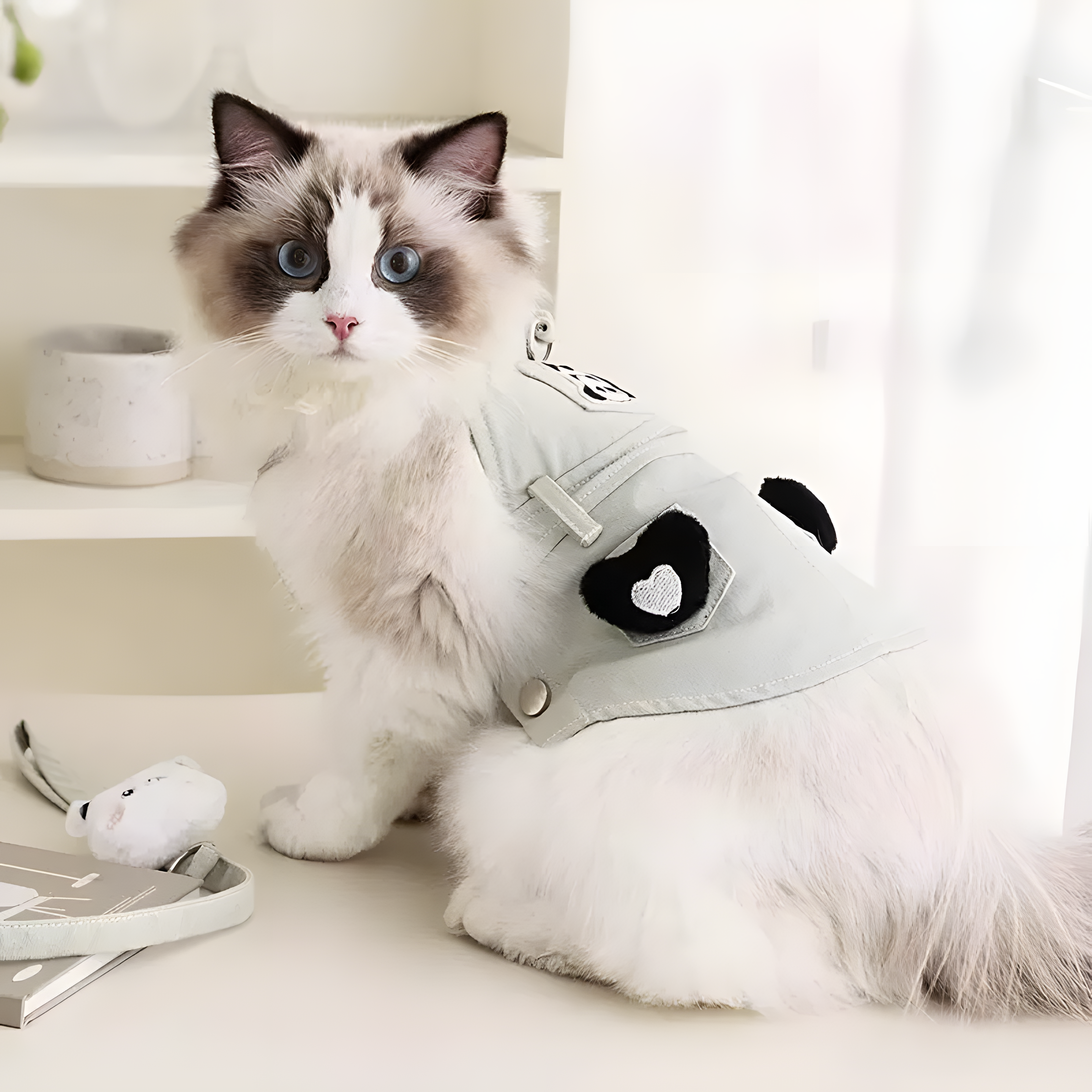 Side view of a cat wearing the sage green Panda Harness Dress. Features a secure wrap-around design with heart pockets and a panda patch to prevent escaping