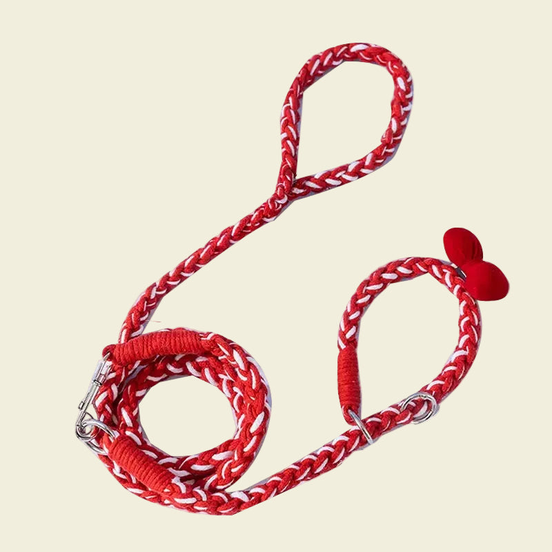 Essential Dog Collar & Leash Set in Red. Includes an adjustable soft-padded collar with a cute bow tie and a matching durable nylon leash