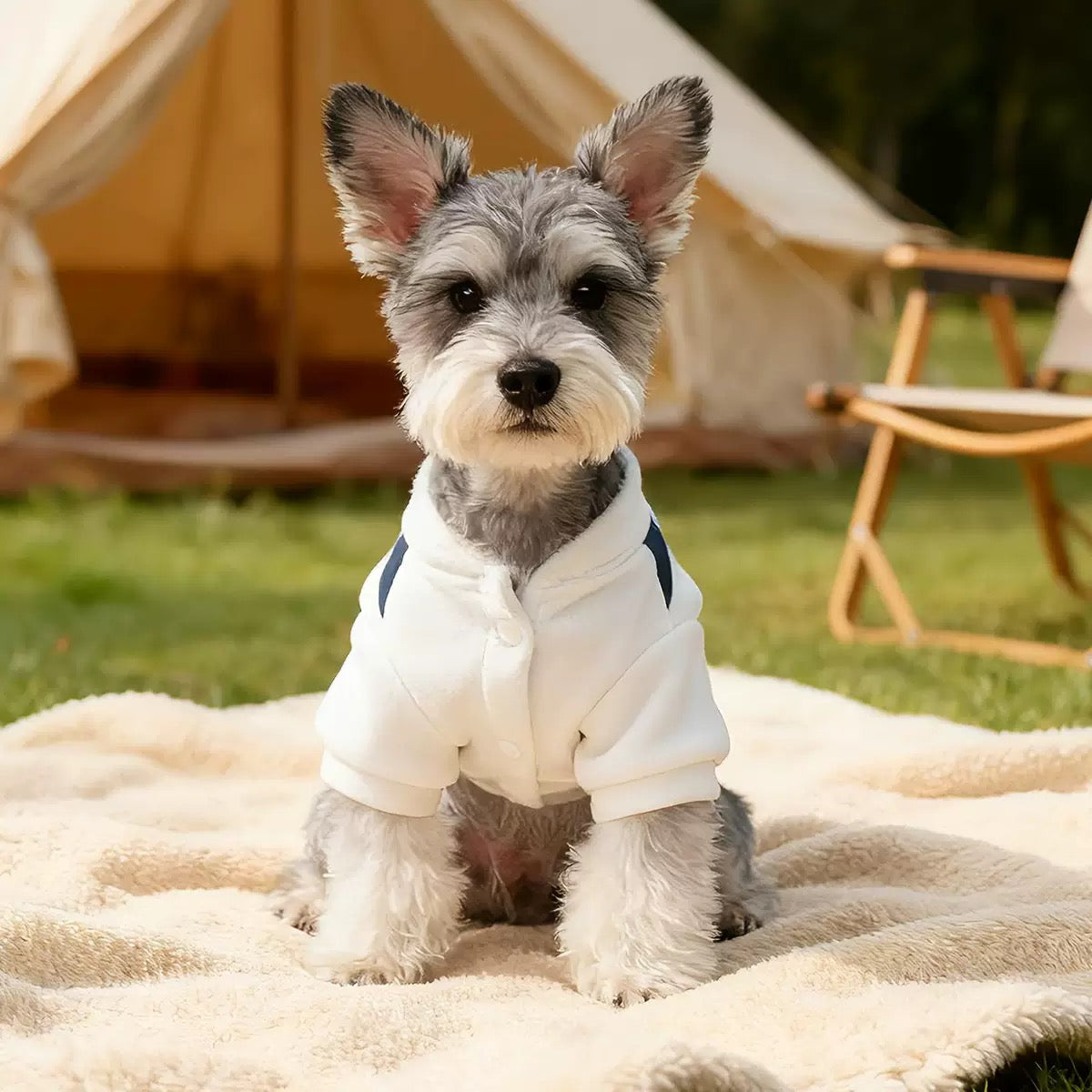Front view of the Shining Star Jumpsuit on a Schnauzer. The soft white fleece bodice features easy snap buttons for stress-free changes and sensory-soothing warmth