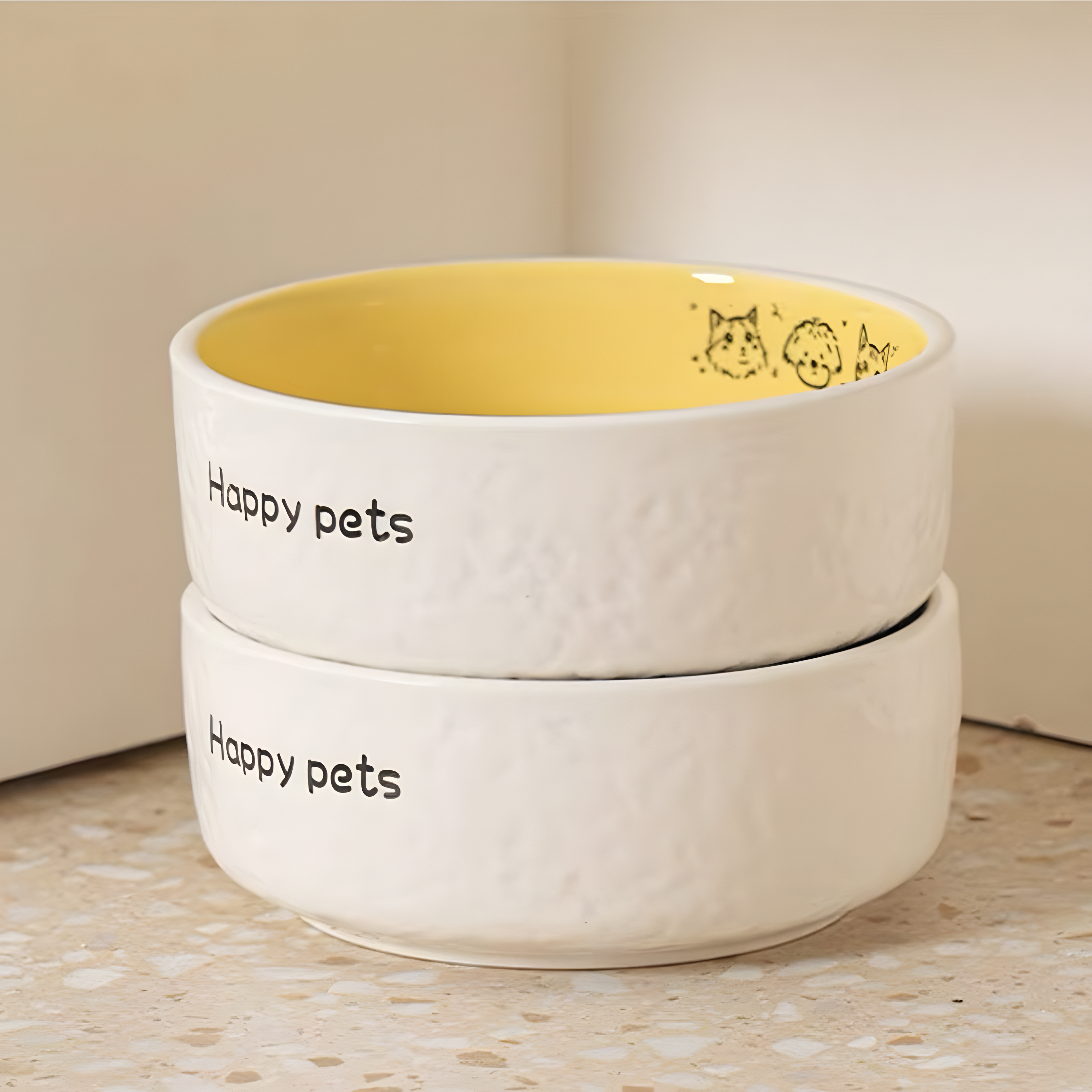 Side view of stacked ceramic bowls featuring a textured stone-like exterior and &