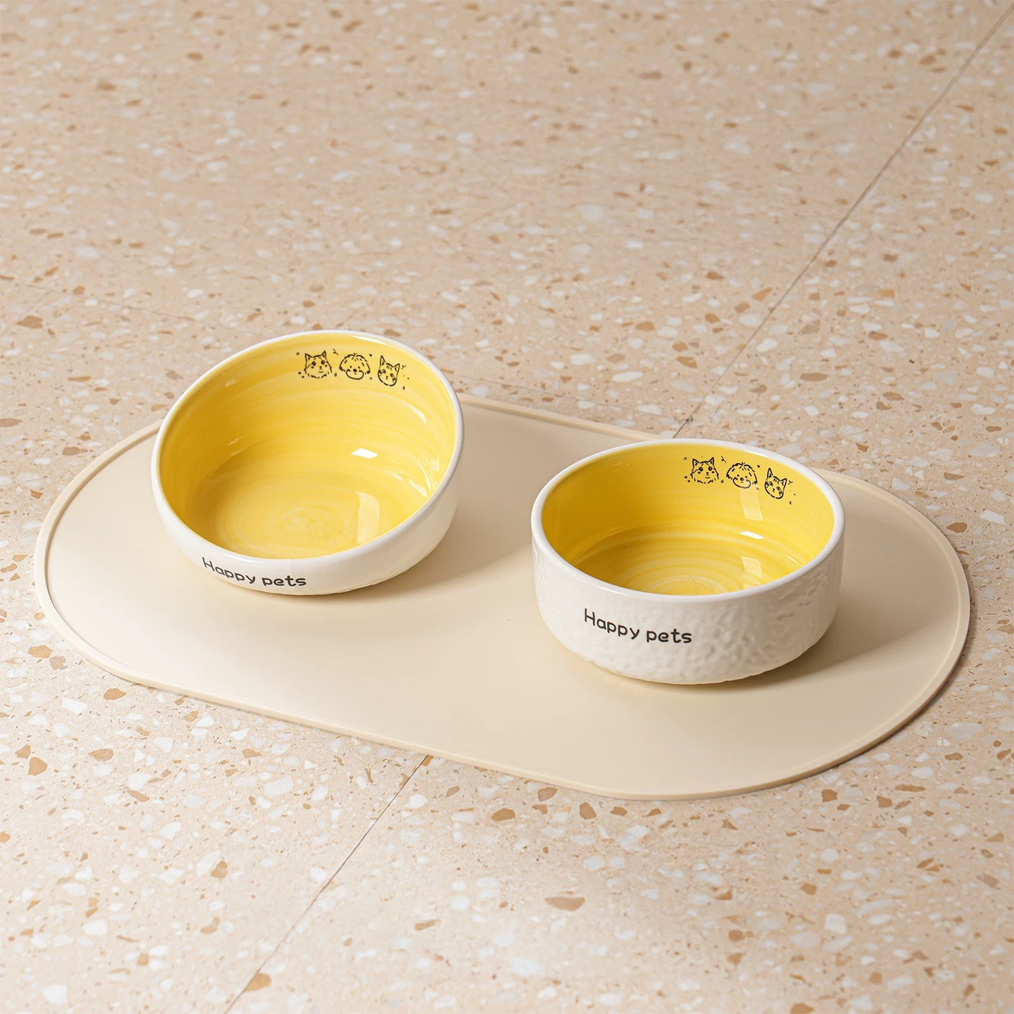 Happy Pets Low-Foot Dining Set in Yellow. Stable, grounded ceramic bowls perfect for kittens, munchkin cats, or enthusiastic eaters