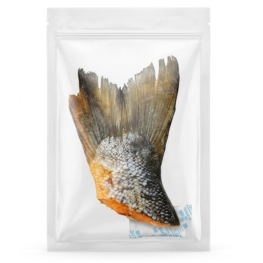 Freeze-dried salmon tail in a clear plastic bag on a white background