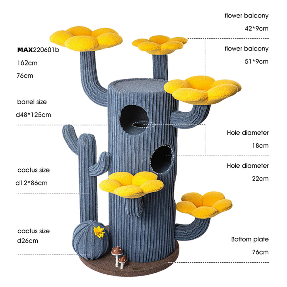 Detailed dimension breakdown of the blue HONEYPOTCAT Luxe Cactus cat tree, showing measurements for the flower balconies, central multi-level barrel, and entry holes.