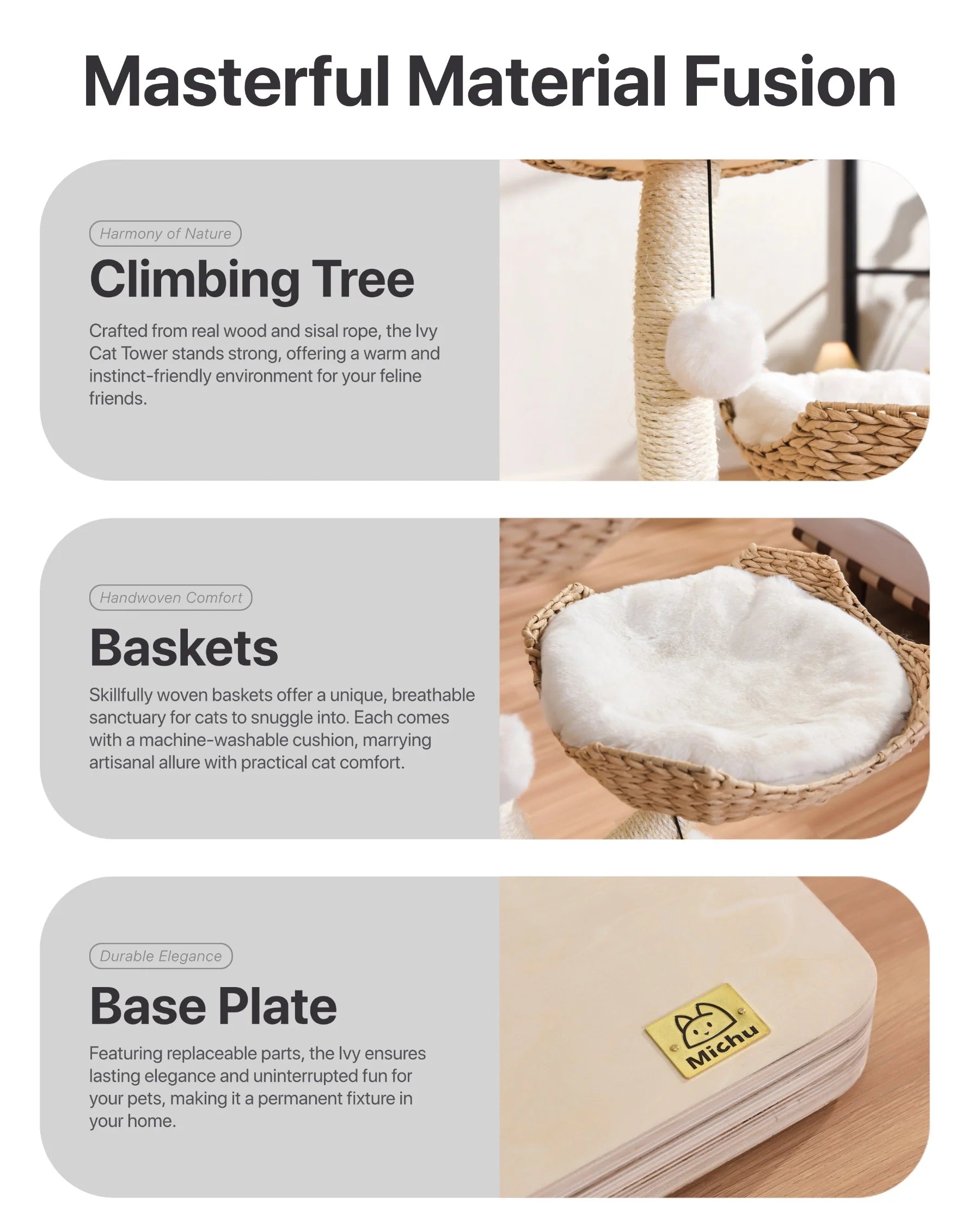 Close-up details of the Michu Ivy cat tower showcasing the solid wood base plate with logo, natural sisal rope climbing tree, and handwoven baskets with cotton cushions.