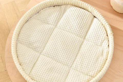 Close-up macro shot of the ultra-soft, lychee-patterned cushion on the Michu Luna cat tree. Designed to be easy to clean and highly resistant to shedding.