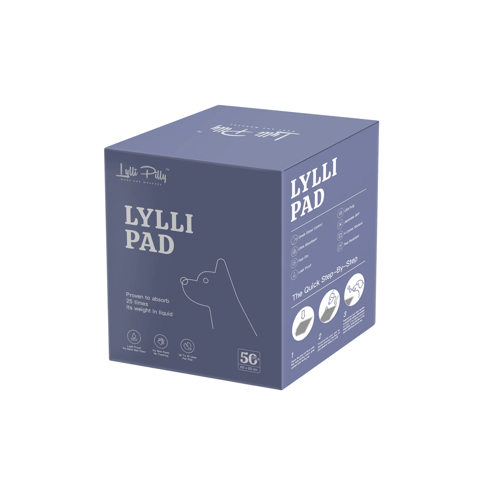 The sleek blue retail packaging box for LYLLI PILLY pet pads, highlighting the 50-piece count and key product features.
