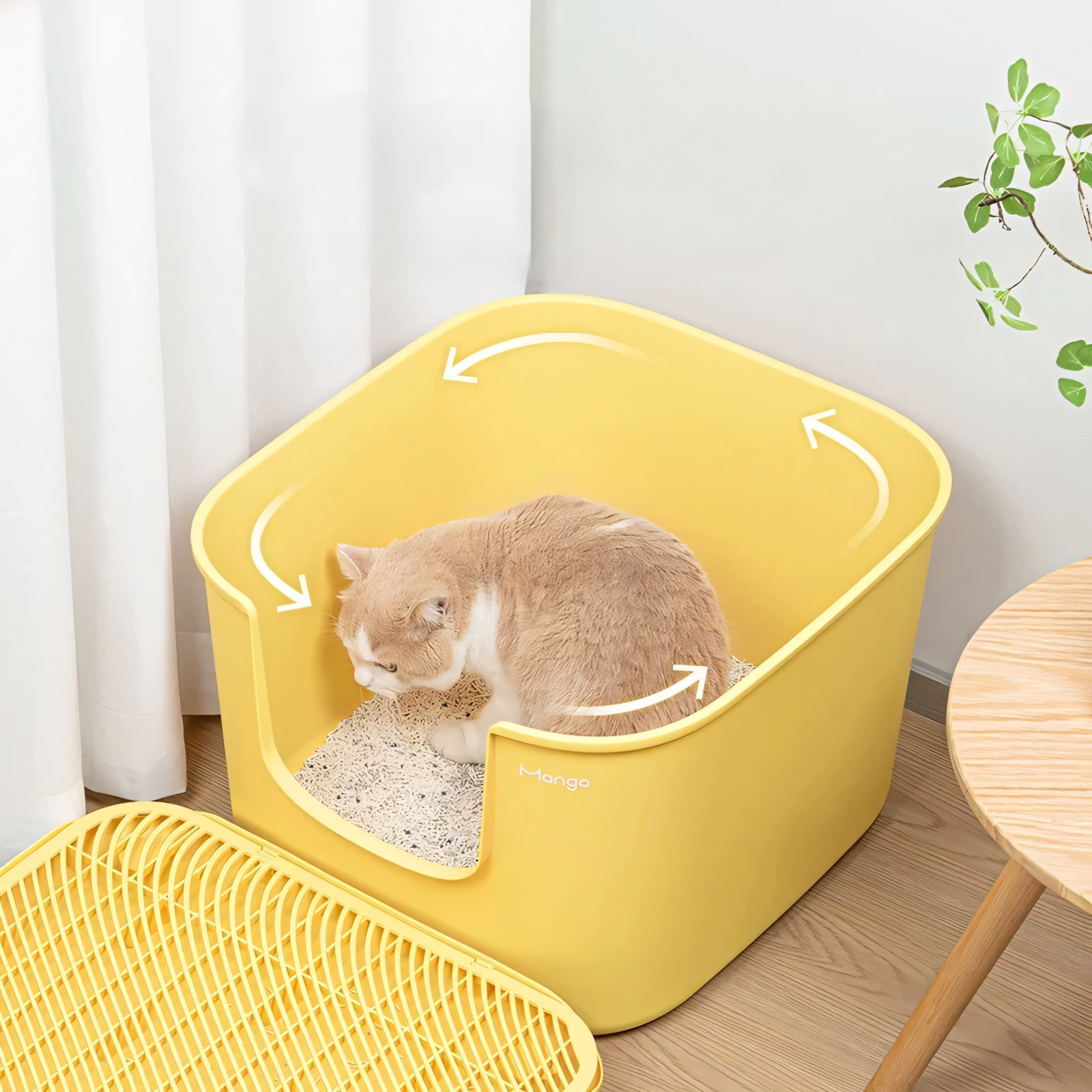An orange and white cat comfortably turning around inside the spacious yellow Mango Cube litter box, highlighting the extra-large 55x50cm interior.