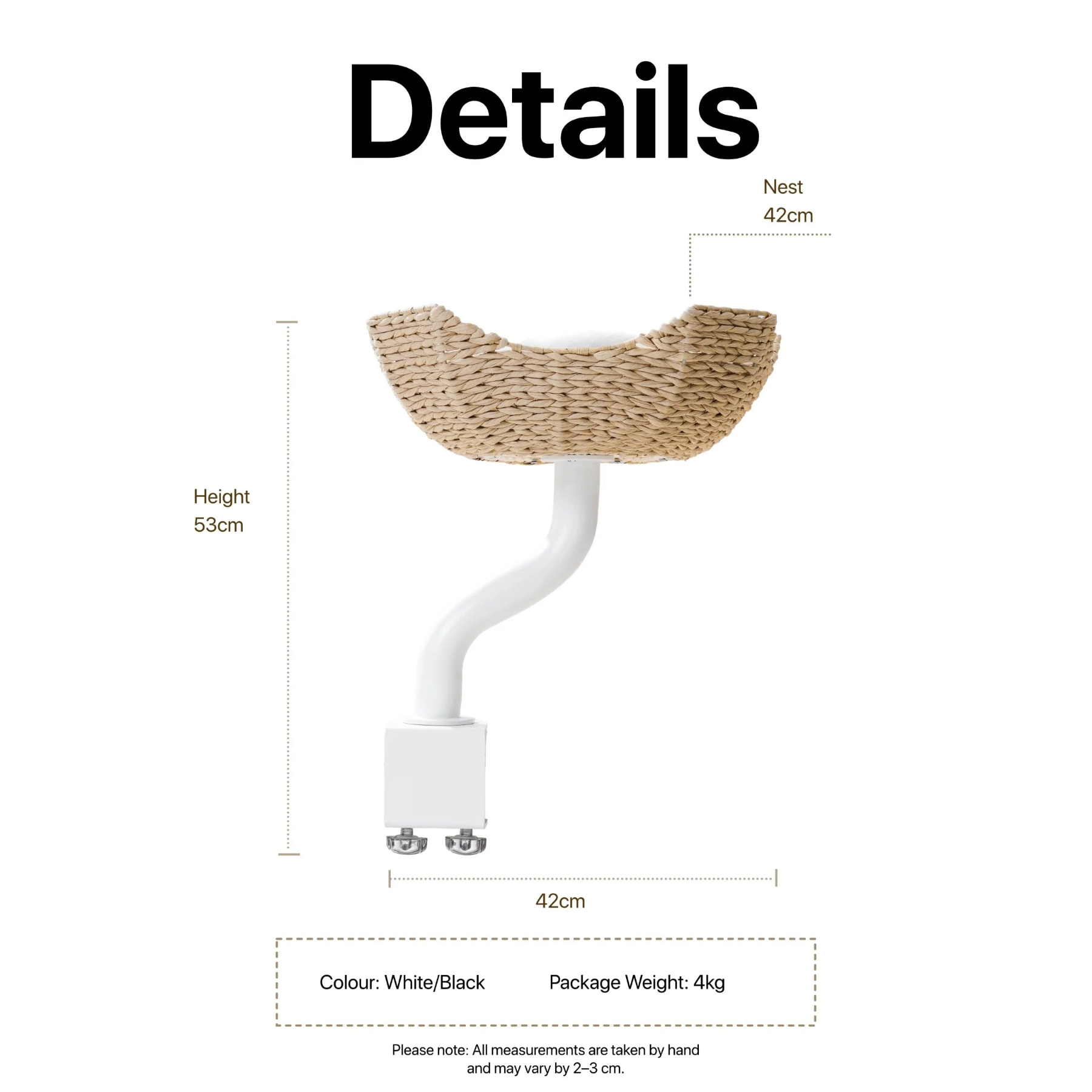 Dimension guide for the Michu DeskMate. Shows a total height of 53cm, a nest width of 42cm, and specifies a 4kg package weight and 8kg load capacity.
