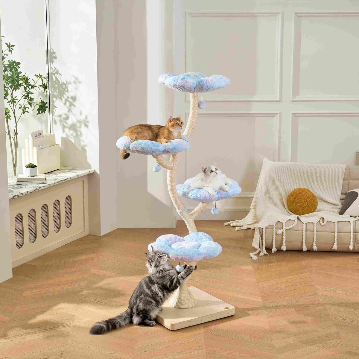 Three cats climbing and resting on the Aurora four-tier MICHU Fairy Cat Tower