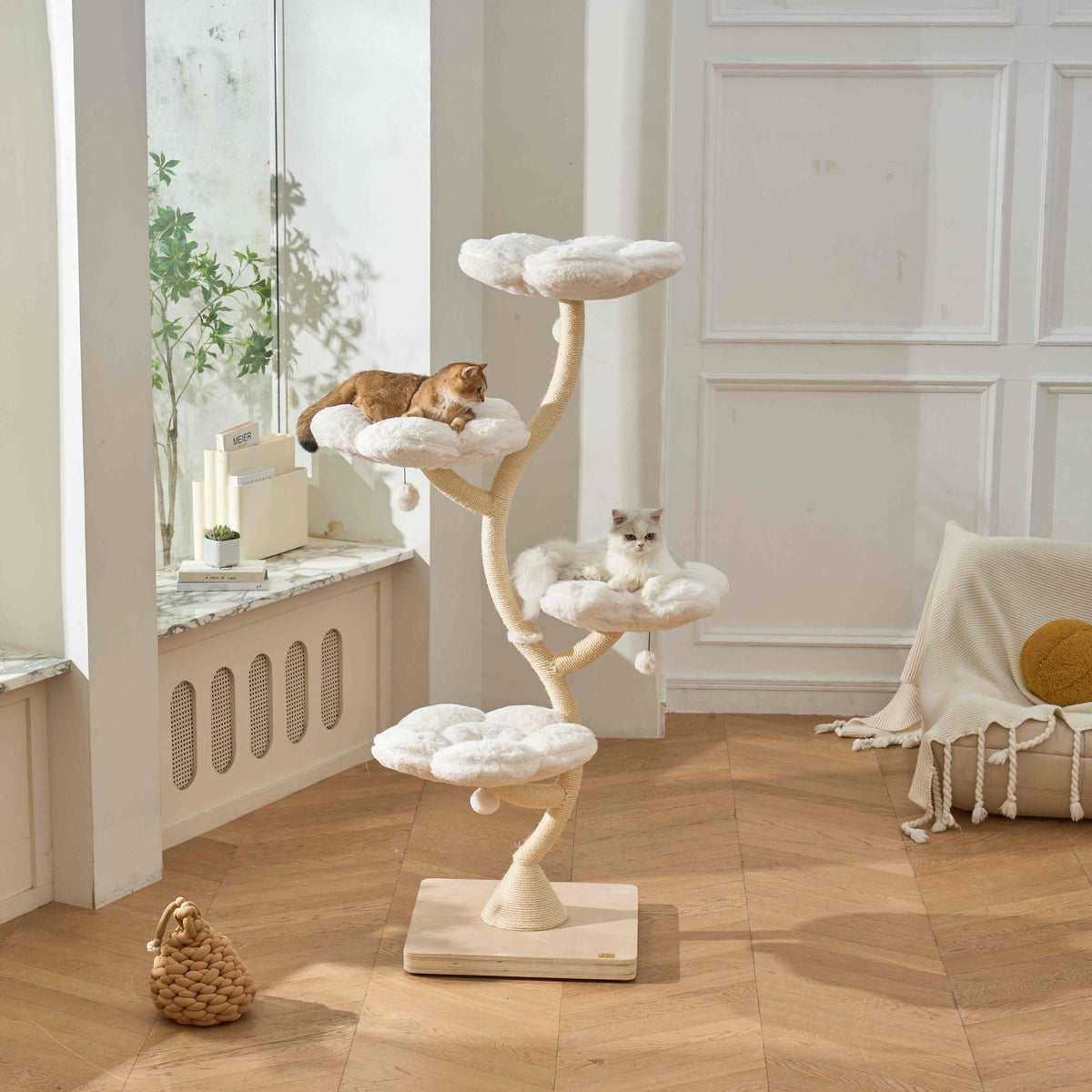 Two cats resting on separate flower perches of the Cloud MICHU Fairy Cat Tower