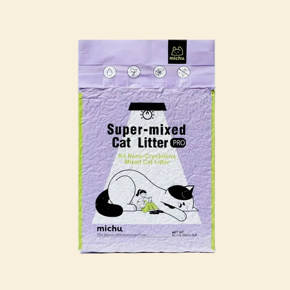 The front packaging of the 6L Michu Super-Mixed Tofu Cat Litter Pro Gen2, featuring a stylish purple bag with a cute cat illustration and icons indicating heavy-duty odor control.