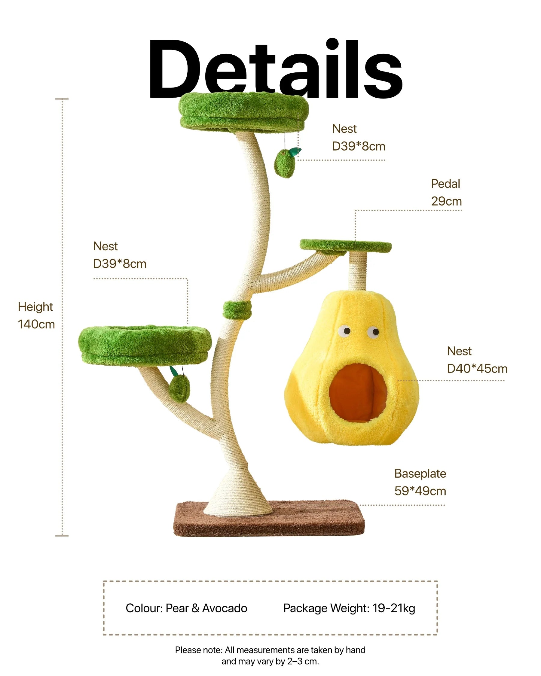 Dimension guide for the Michu Verde modern cat tree. The tower is 140cm tall with a 59cm x 49cm baseplate, a D40cm x 45cm pear nest, and a package weight of 19-21kg.