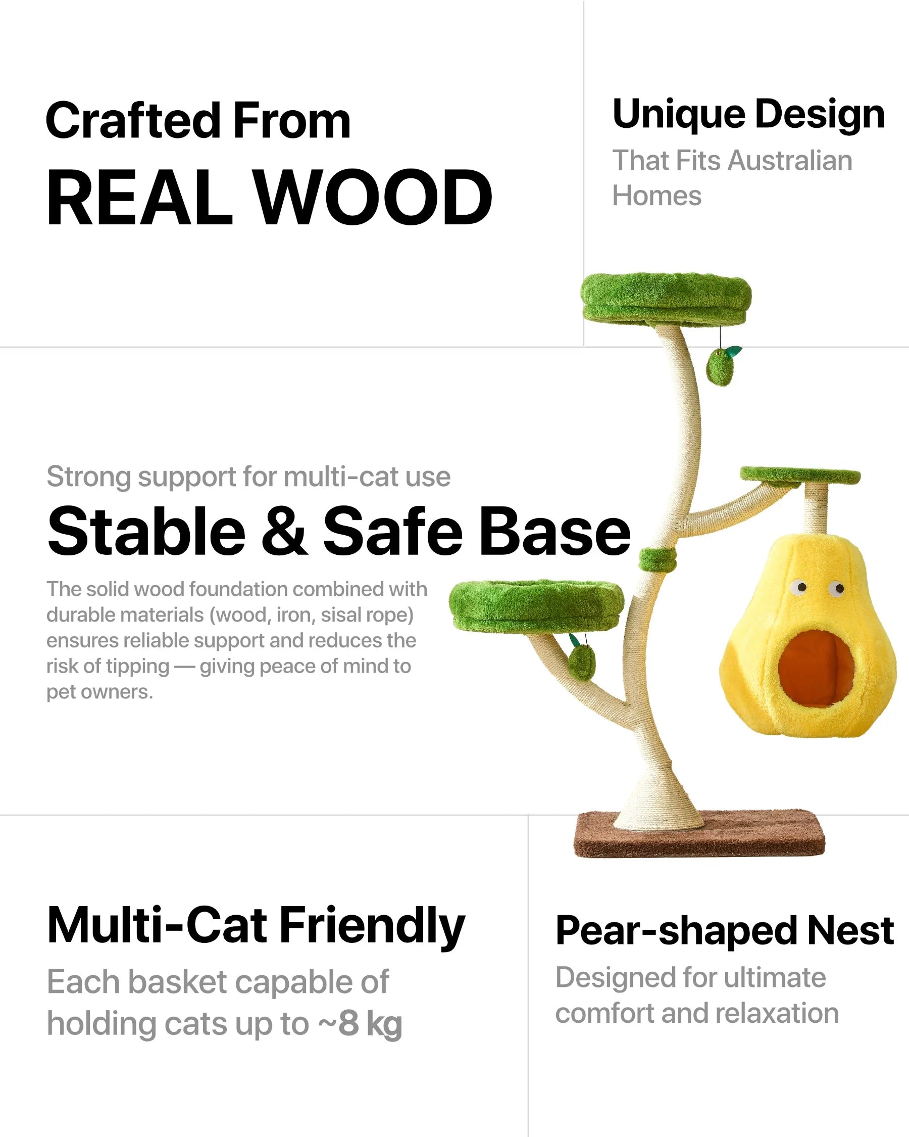 Infographic highlighting the features of the Michu Verde modern cat tree. It showcases a solid wooden base, 8cm thick sisal posts, a pear-shaped nest, and multi-cat friendly baskets holding up to 8kg each.