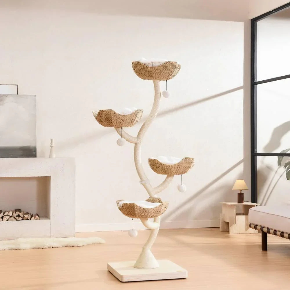 The elegant Michu Ivy tall cat tree shaped like a flower, placed in a minimalist, modern living room with a white fireplace and beautiful sunlight.