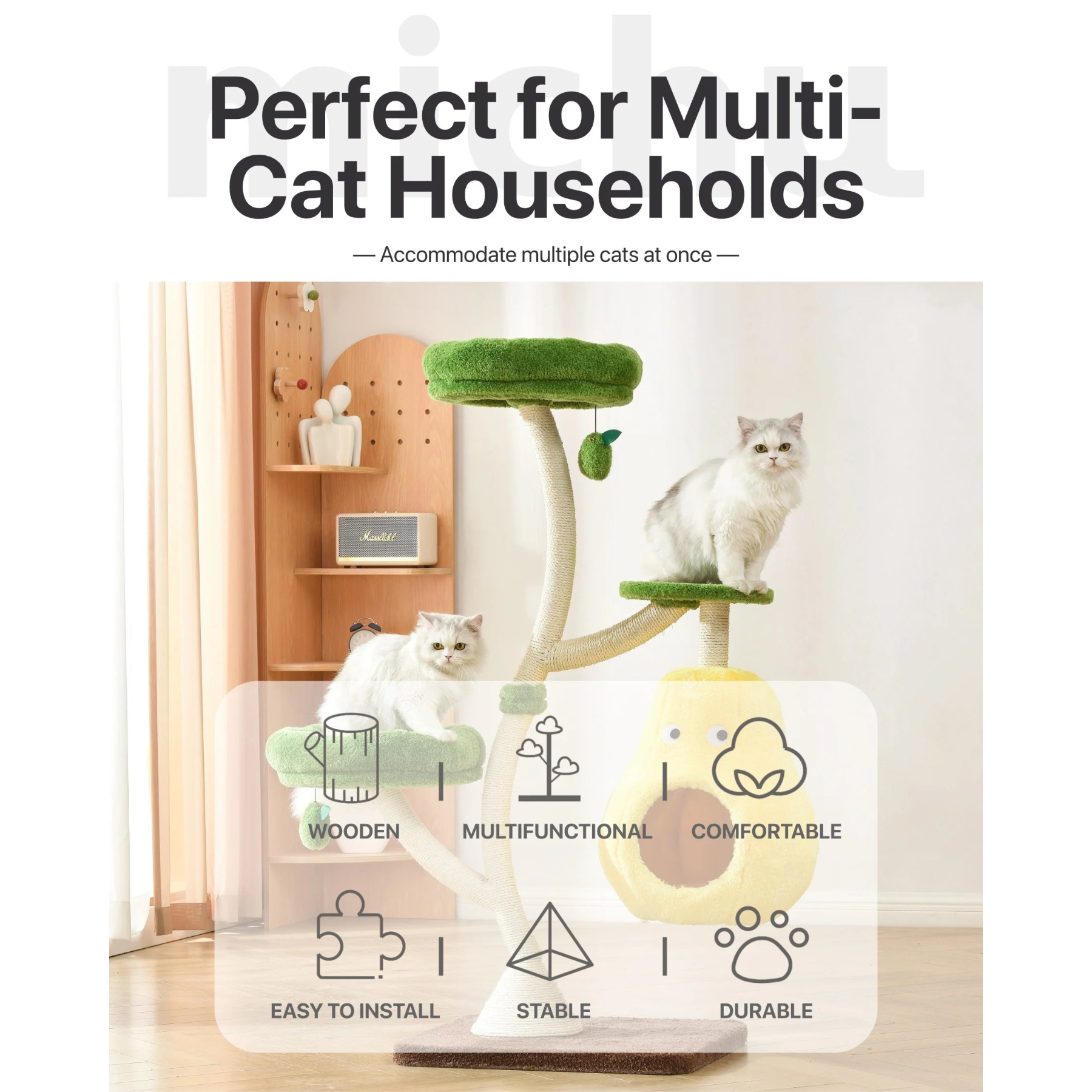 Two fluffy cats relaxing on the Michu Verde multi-level cat tree in a modern living room setting. A stylish, stable, and durable cat tower perfect for multi-cat households.