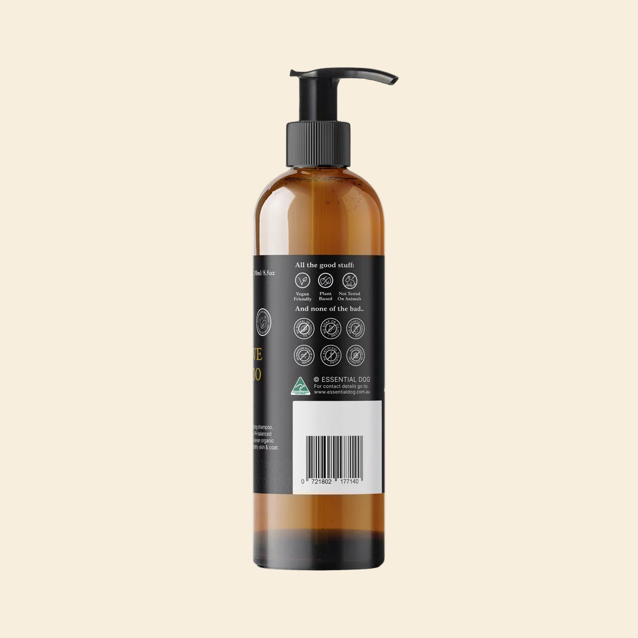 Back label of the sensitive dog shampoo listing 7 certified organic plant extracts like comfrey and calendula. Toxin-free formula that maintains natural oils to protect against allergens.
