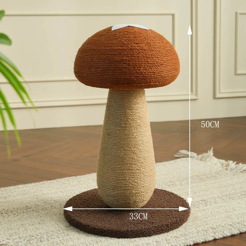 Overall dimensions of the neutral brown mushroom cat scratching post variant, measuring 50cm in height and 33cm in width, completely wrapped in natural hand-woven sisal rope.