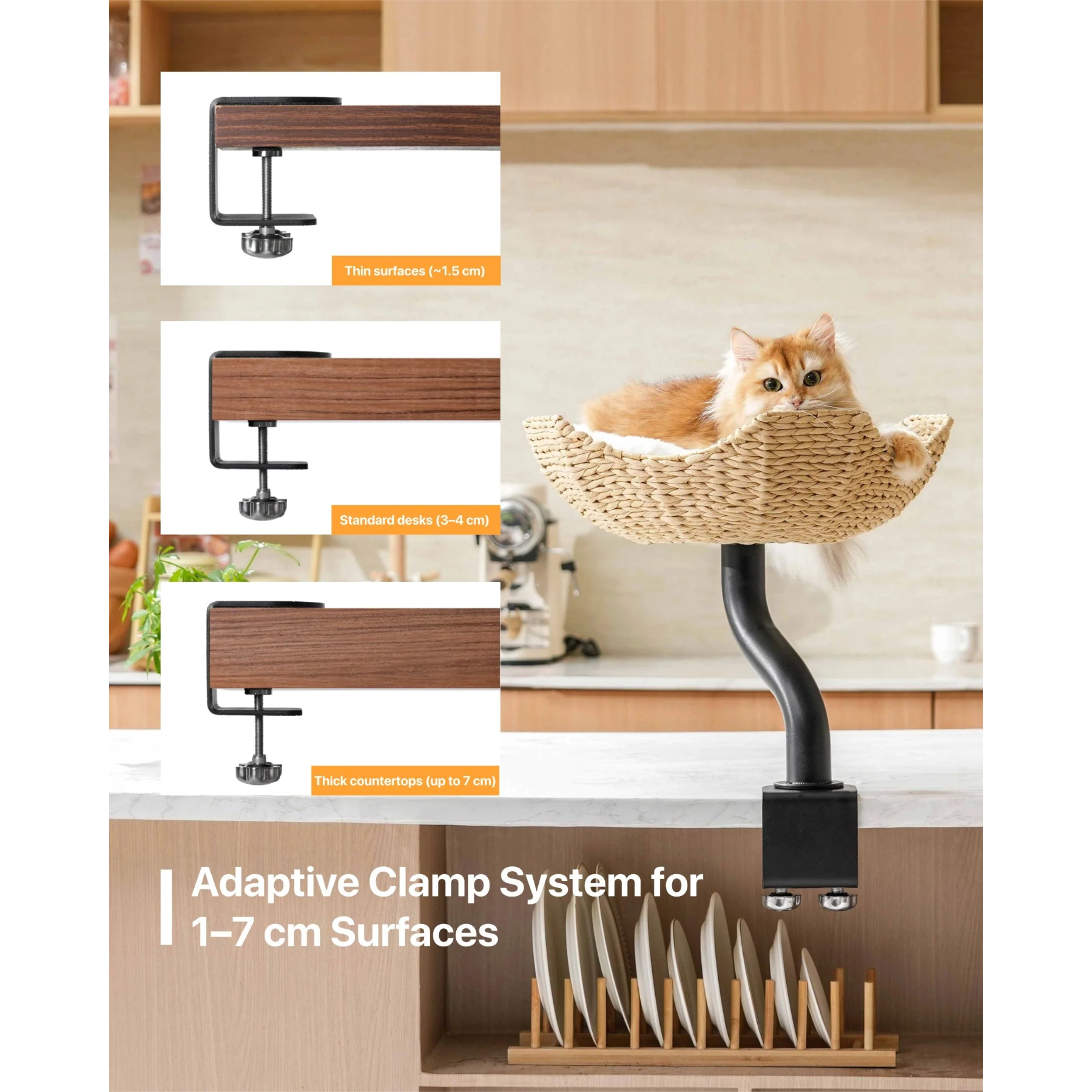 Demonstration of the adaptive dual-screw clamp system fitting various surfaces from thin 1.5cm desks to thick 7cm countertops without damaging the surface.