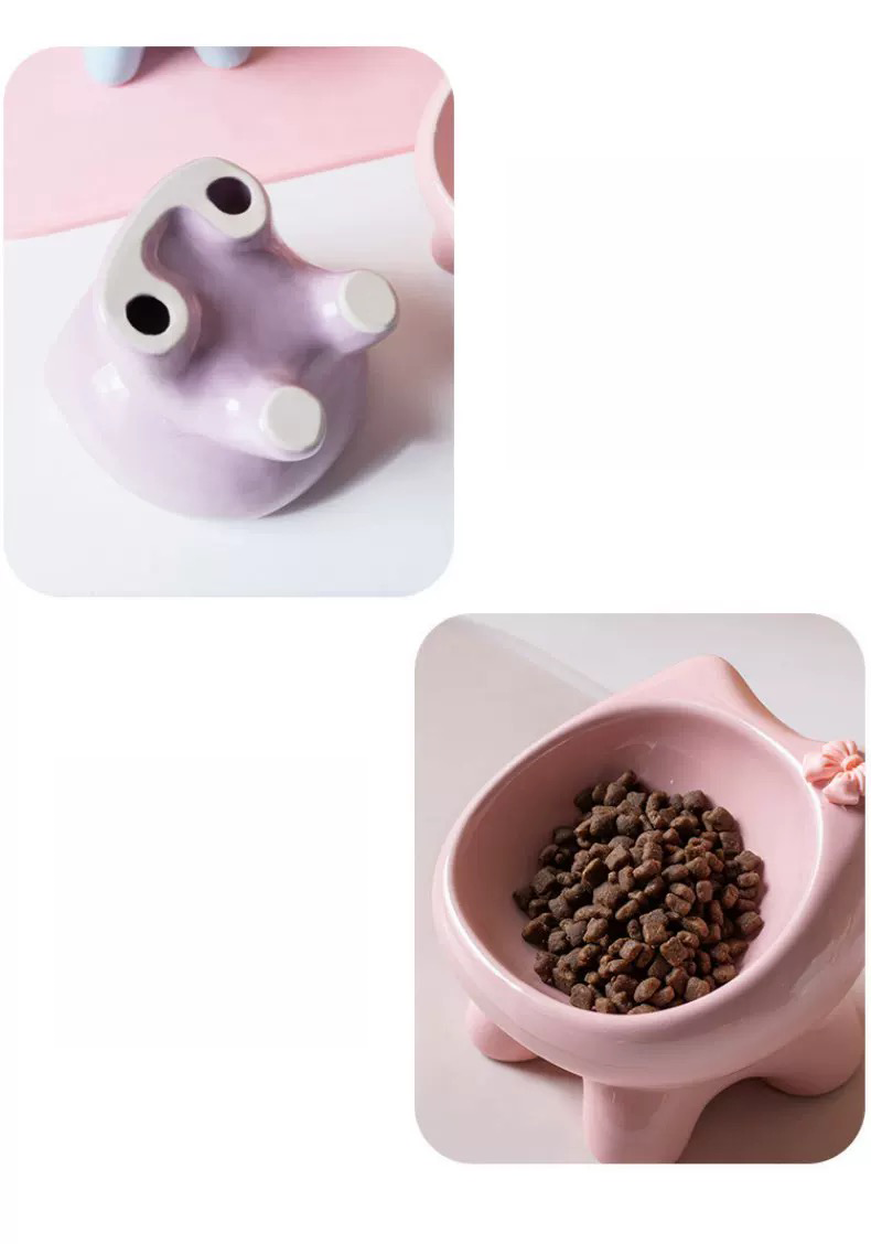 A split image showing the unglazed, non-slip frosted bottom of the paw-shaped feet, and a pink cat-ear bowl filled with kibble to demonstrate the anti-spill design.