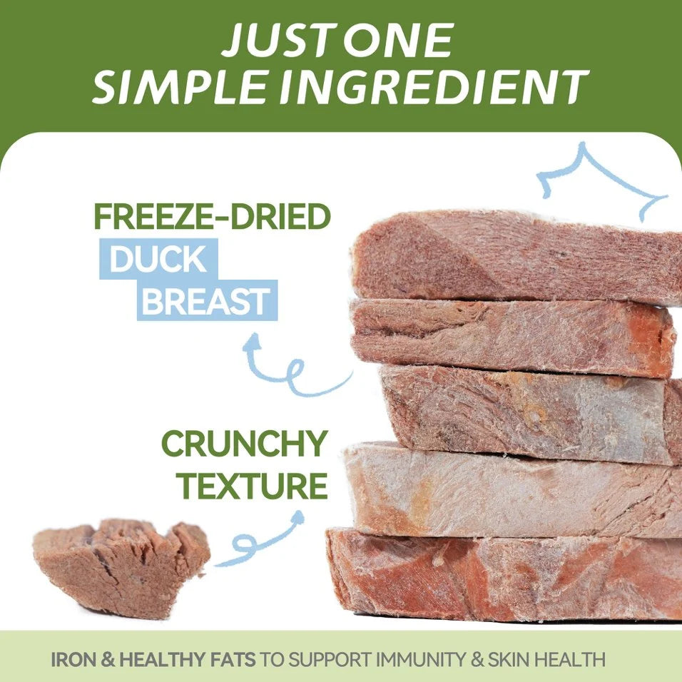 Close-up of sliced freeze-dried duck breast treats showing their natural crunchy texture