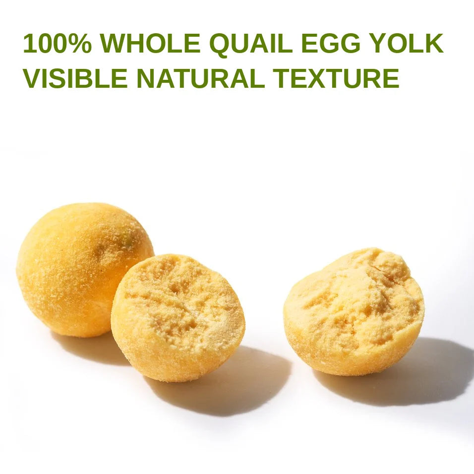Close-up of whole and broken freeze-dried quail egg yolk treats showing their natural crumbly texture