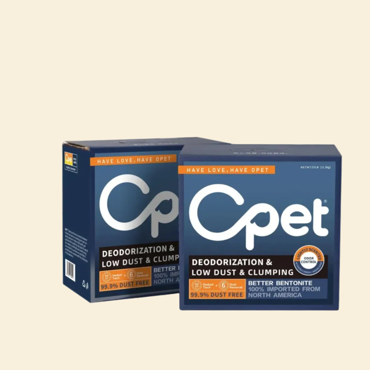 Two 11.3kg boxes of OPET sodium bentonite cat litter forming a 22.6kg bundle