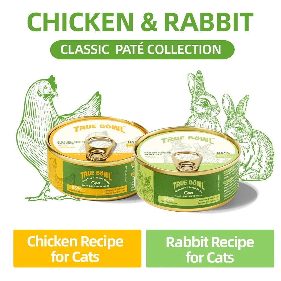 OPET TRUE BÖWL Classic Pâté Collection showing Chicken and Rabbit Recipe wet cat food cans