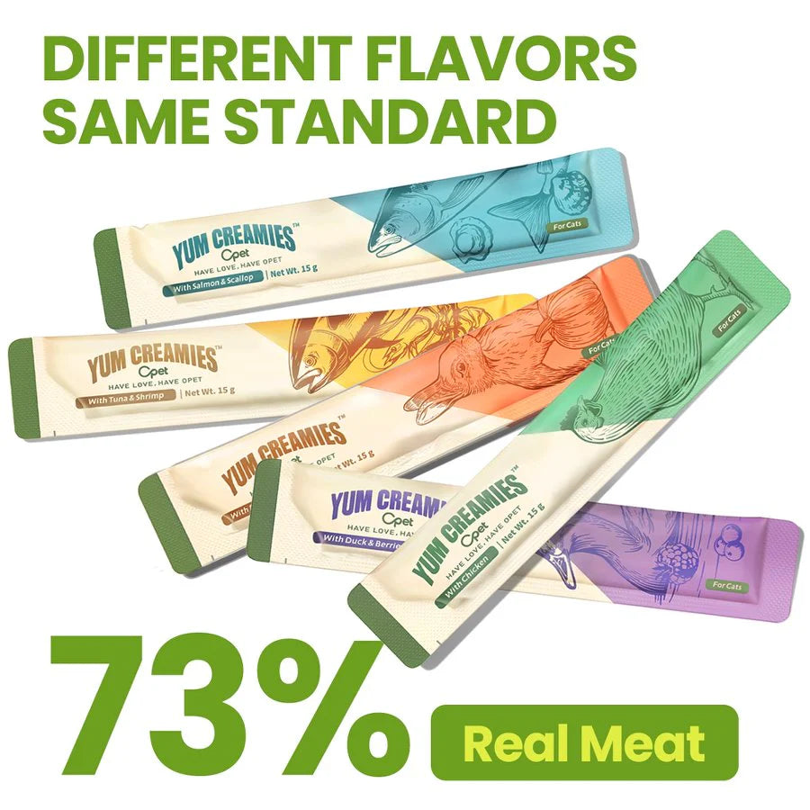 A colorful display of five different OPET Yum Creamies flavor tubes fanned out, with bold text emphasizing "Different Flavors, Same Standard" and "73% Real Meat".