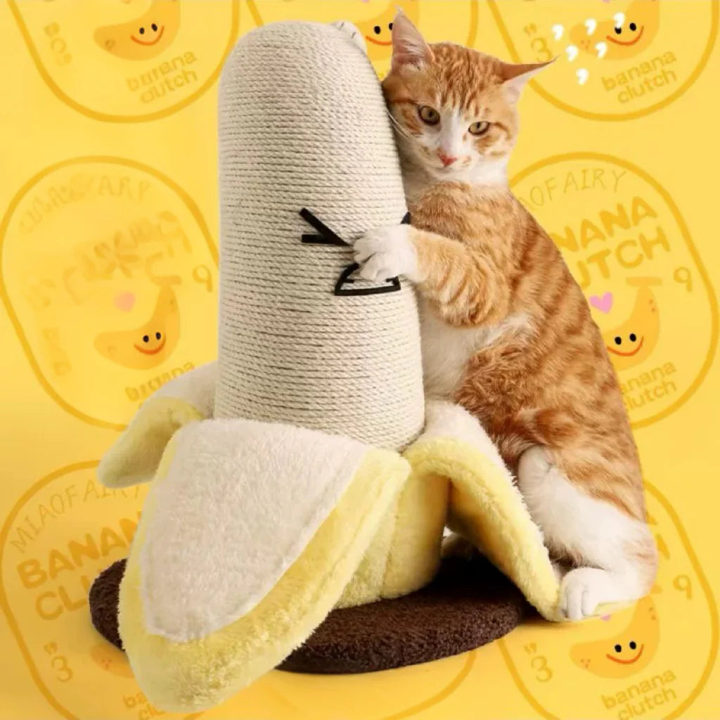 An energetic orange cat hugging and scratching the durable hand-woven sisal rope of the grumpy Banana Cat Scratching Post, perfectly satisfying its natural instincts.