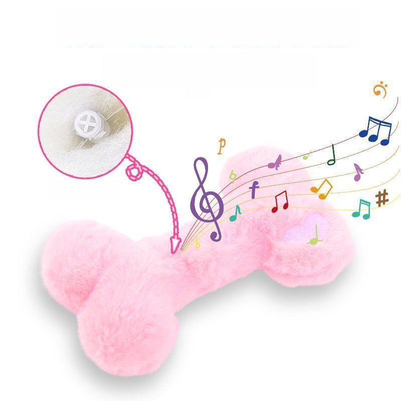 An infographic of a soft pink plush bone dog toy with musical notes flowing out of it. A circular inset shows a close-up of the internal plastic squeaker, illustrating the toy&