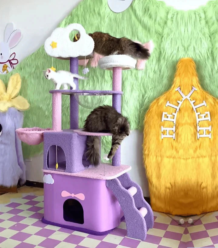 Several playful cats actively climbing and exploring the multiple tiered platforms of the fantasy cat tower, improving their motor skills and balance.
