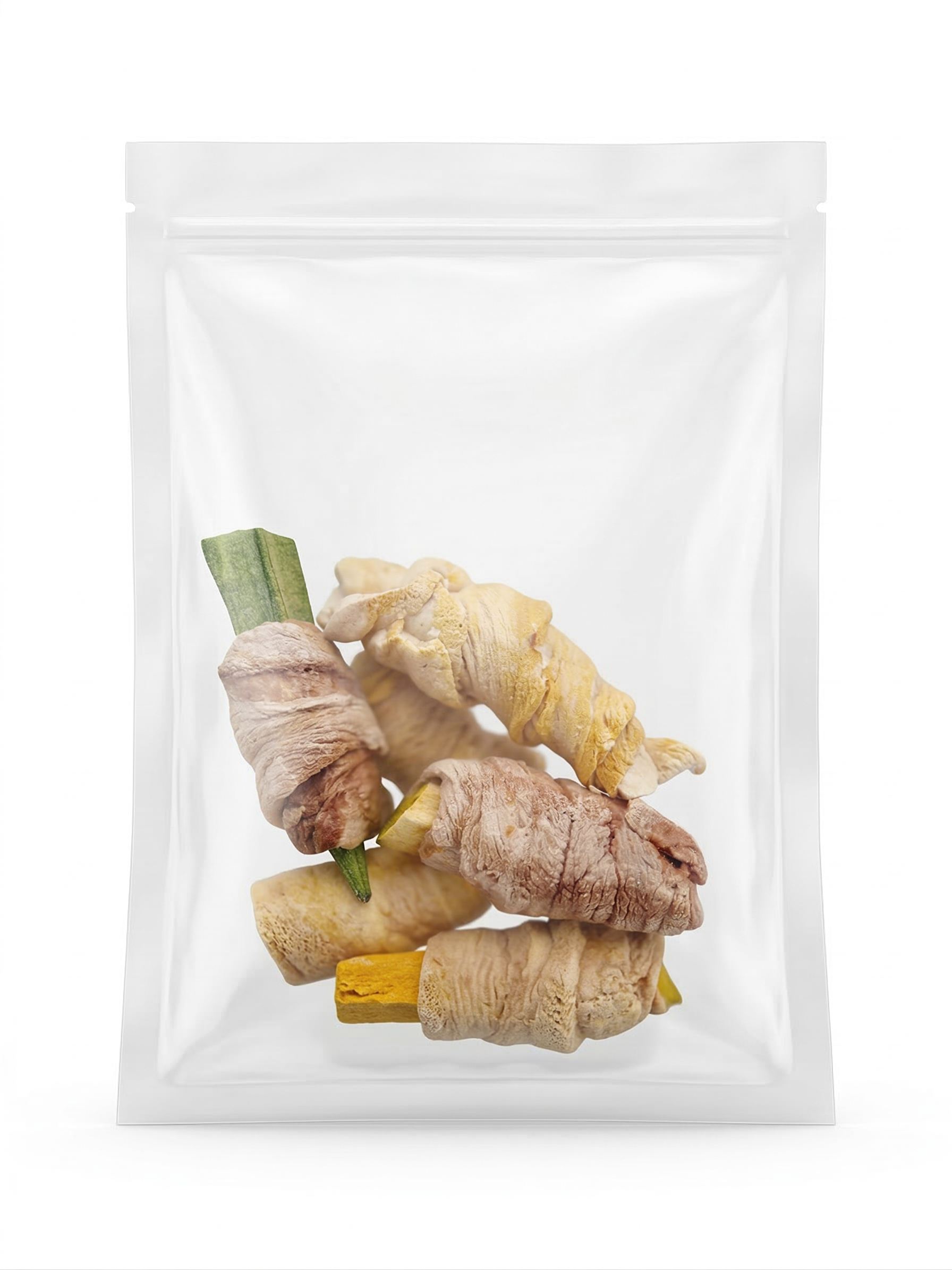 A clean studio shot of a clear stand-up pouch filled with six pieces of premium freeze-dried mixed wrapped bites, offering a visually stunning and nutritious gourmet reward for dogs.
