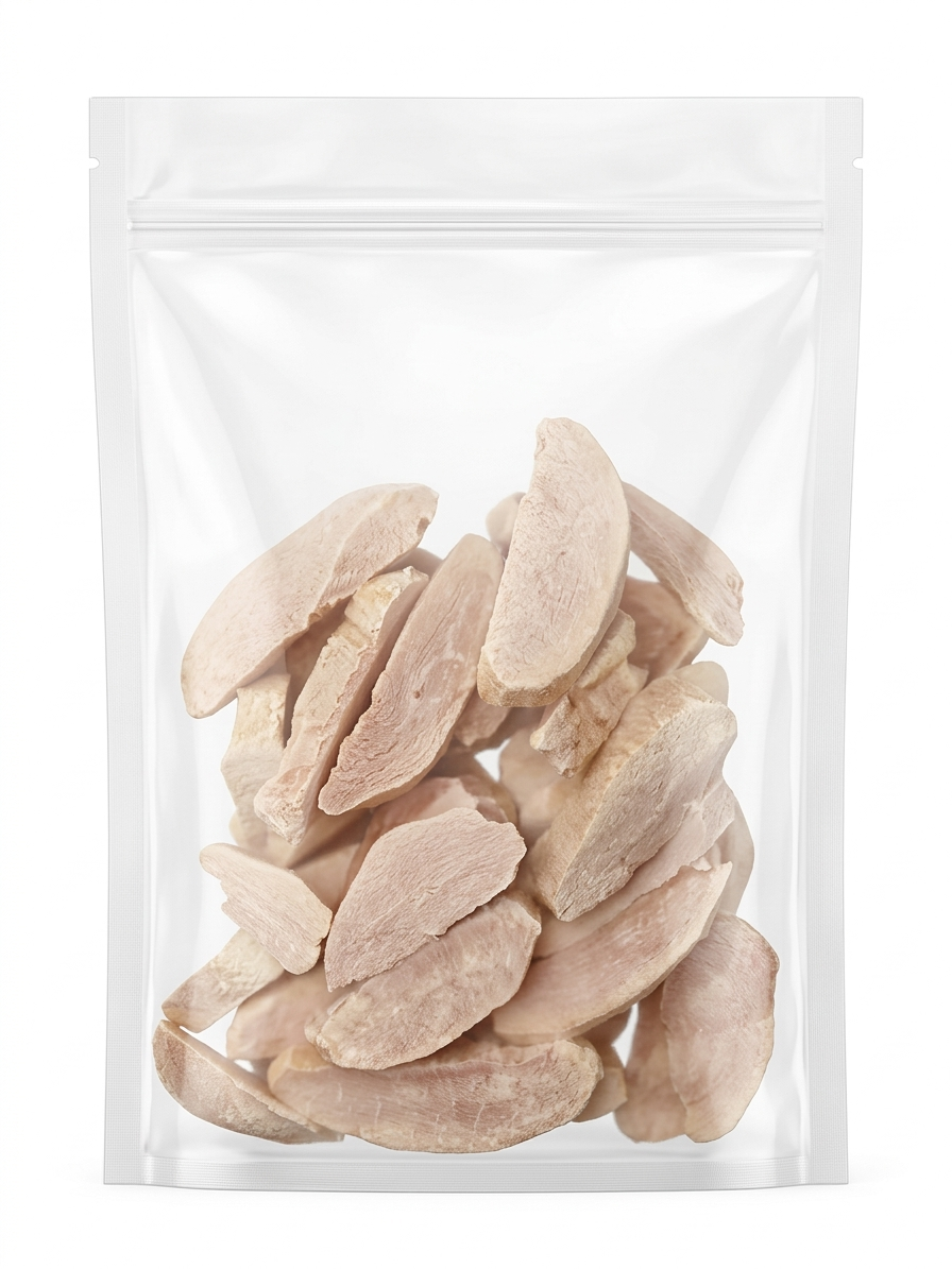 A clean studio shot of a clear stand-up pouch filled with premium thick-cut freeze-dried duck breast treats for cats and dogs, showcasing the natural, single-ingredient texture.