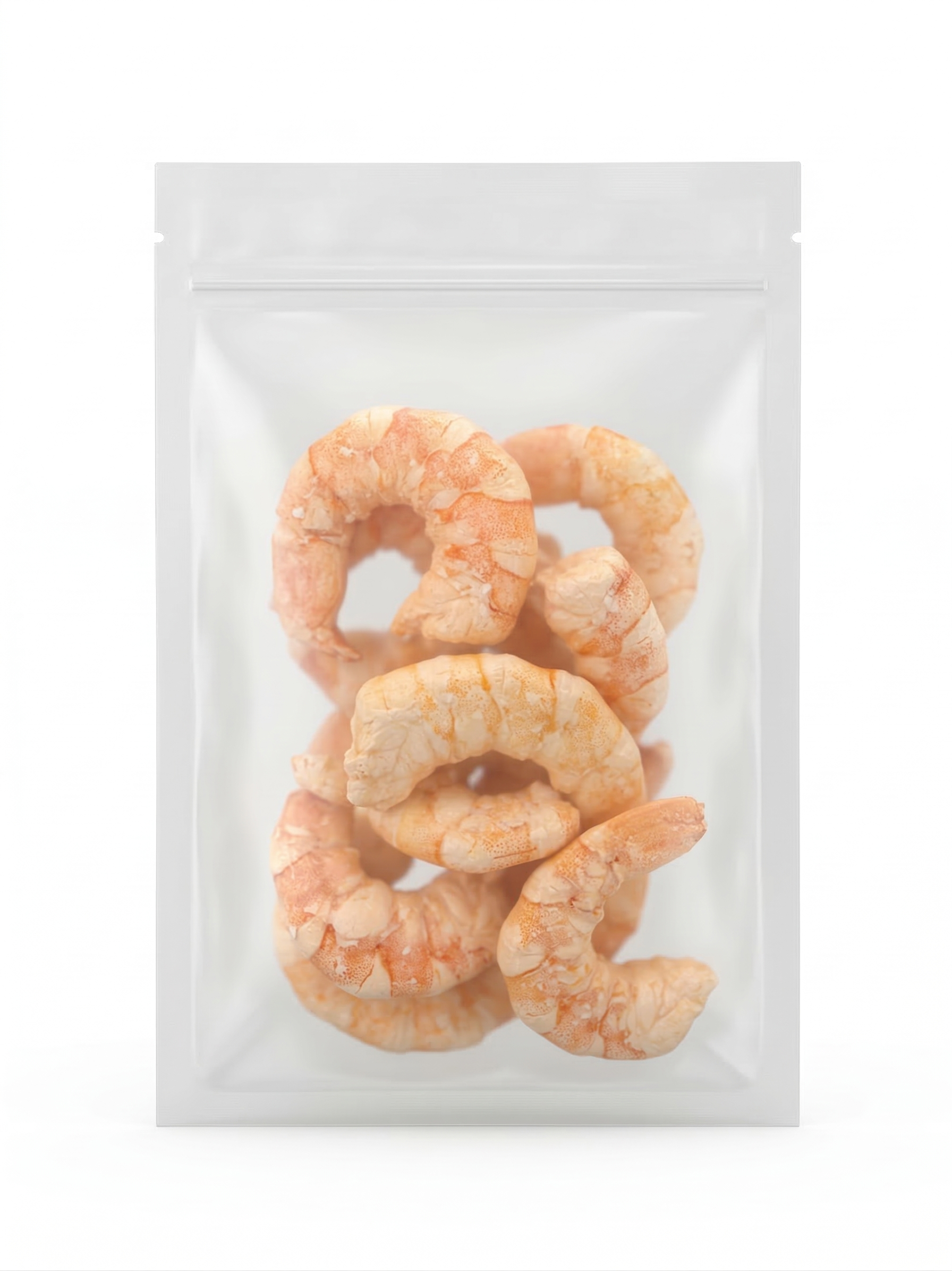 A clean studio shot of a clear stand-up pouch filled with natural freeze-dried whole shrimp, perfect as a guilt-free, nutrient-dense reward.