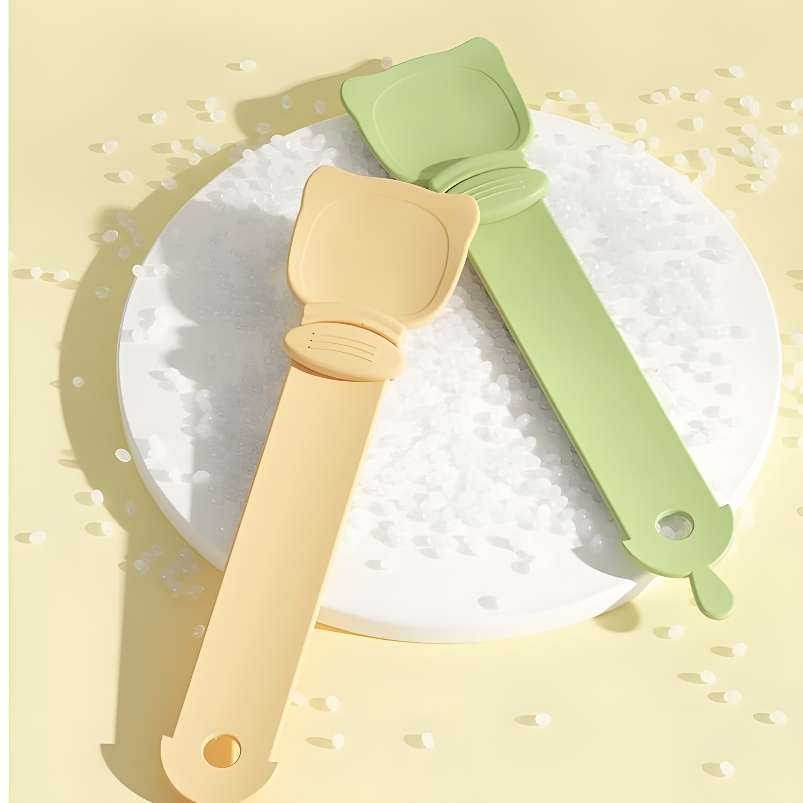 Two minimalist cat liquid treat spoons in soft green and pastel orange resting on a textured white surface, highlighting the durable, food-safe HIPS material.
