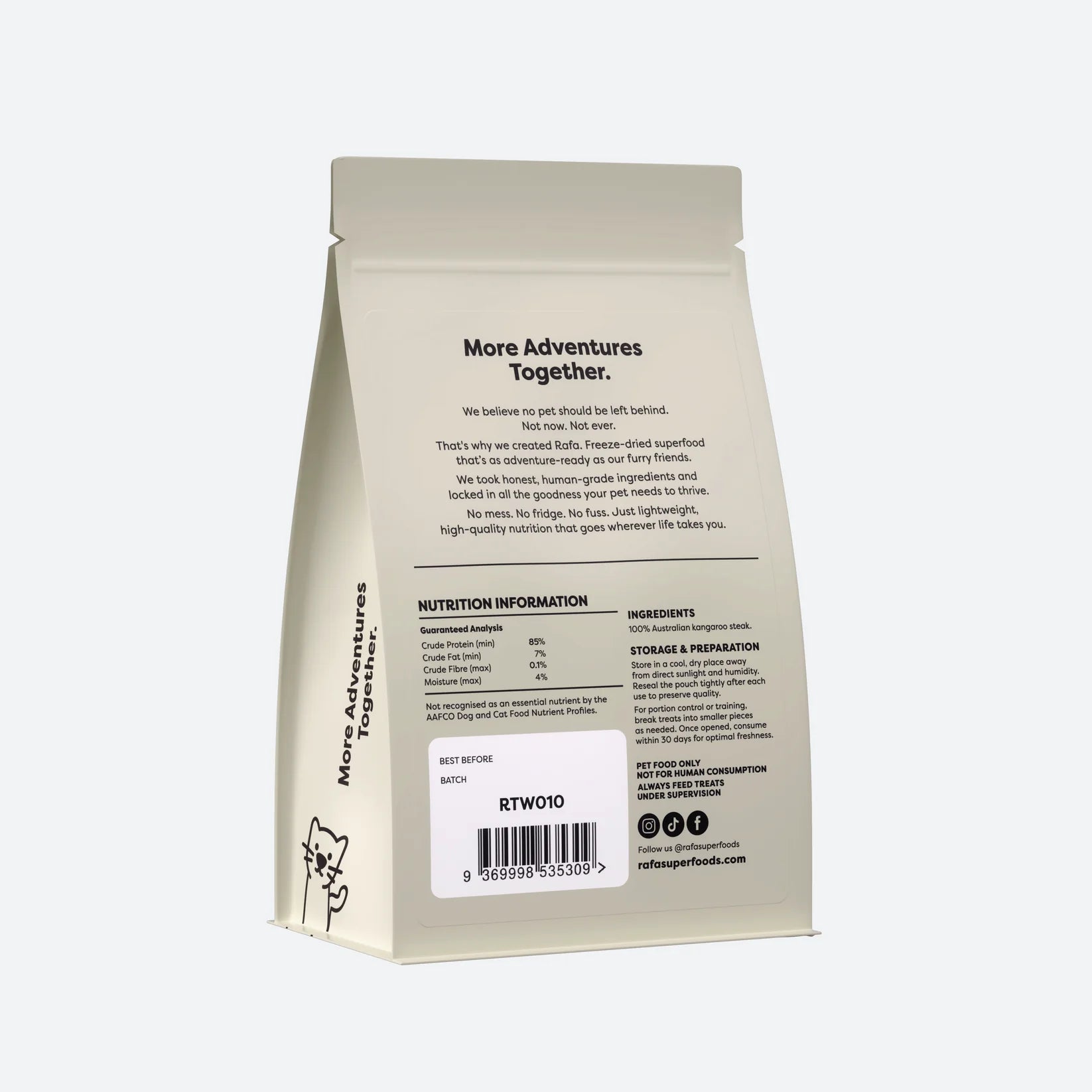 The back packaging of Rafa Raw Freeze-Dried Kangaroo Steak (70g). Displays the 100% Australian kangaroo steak ingredient and a guaranteed analysis of 85% minimum crude protein and 7% crude fat.