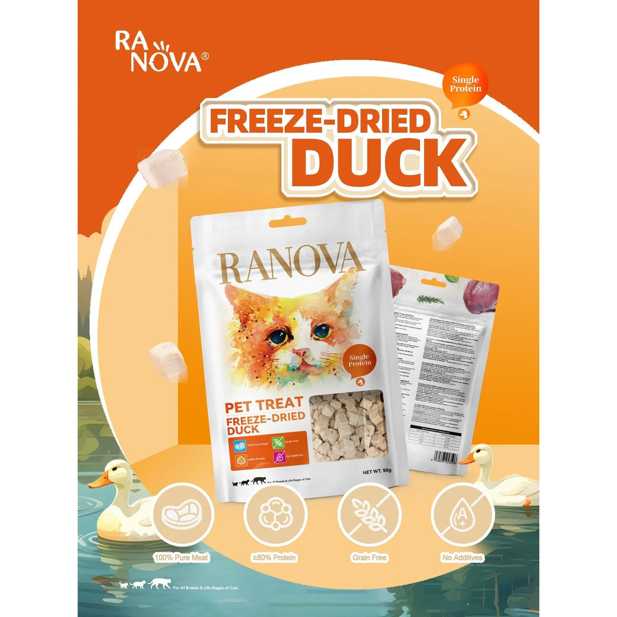 RANOVA Freeze-Dried Duck Cubes for cats in an orange product graphic showing the front and back of the 50g bag