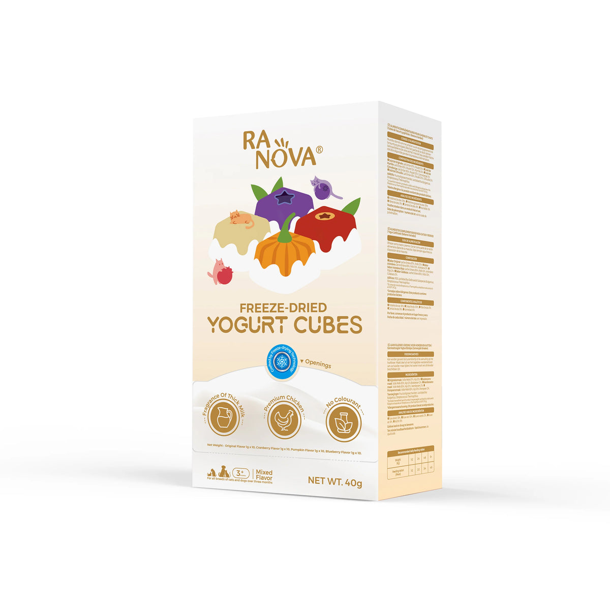 Three-quarter view of the 40g RANOVA Mixed Flavour Freeze-Dried Yogurt Cubes box for dogs and cats