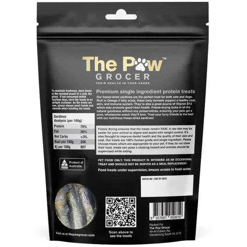 Back of packaging for The Paw Grocer Sardines showing 70% Protein and 26% Fat analysis. High Omega-3 content for pet joint and heart health.