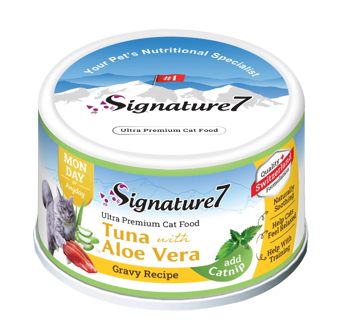 Signature7 Tuna with Aloe Vera gravy wet cat food with catnip 70g can