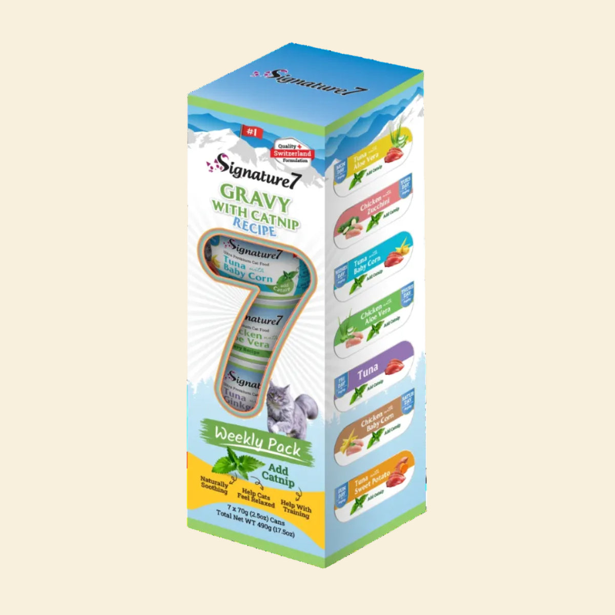 Signature7 Gravy with Catnip 7-day variety pack containing seven 70g wet cat food cans